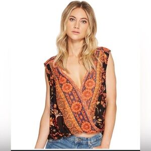 Free People Havana black Floral print sleeveless surplice top